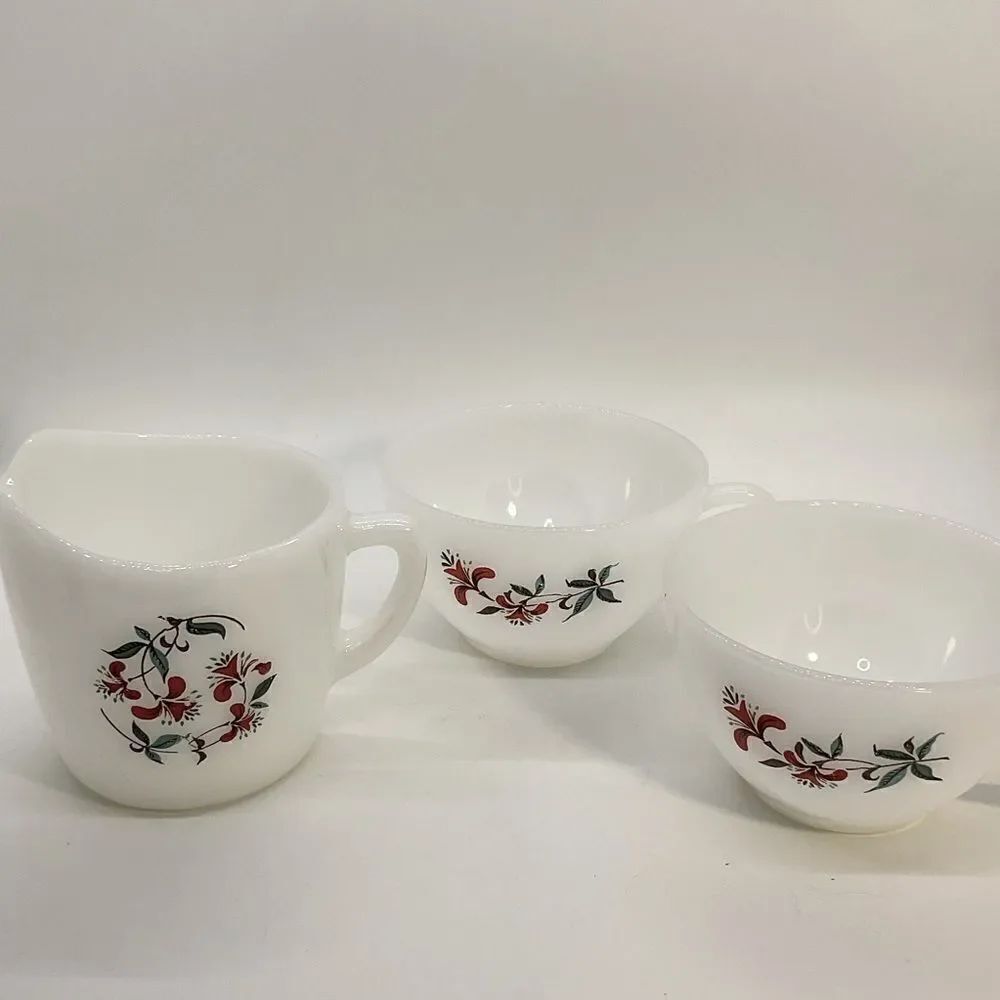 Vintage Fire King Milk Glass Honeysuckle Creamer and 2 Cups